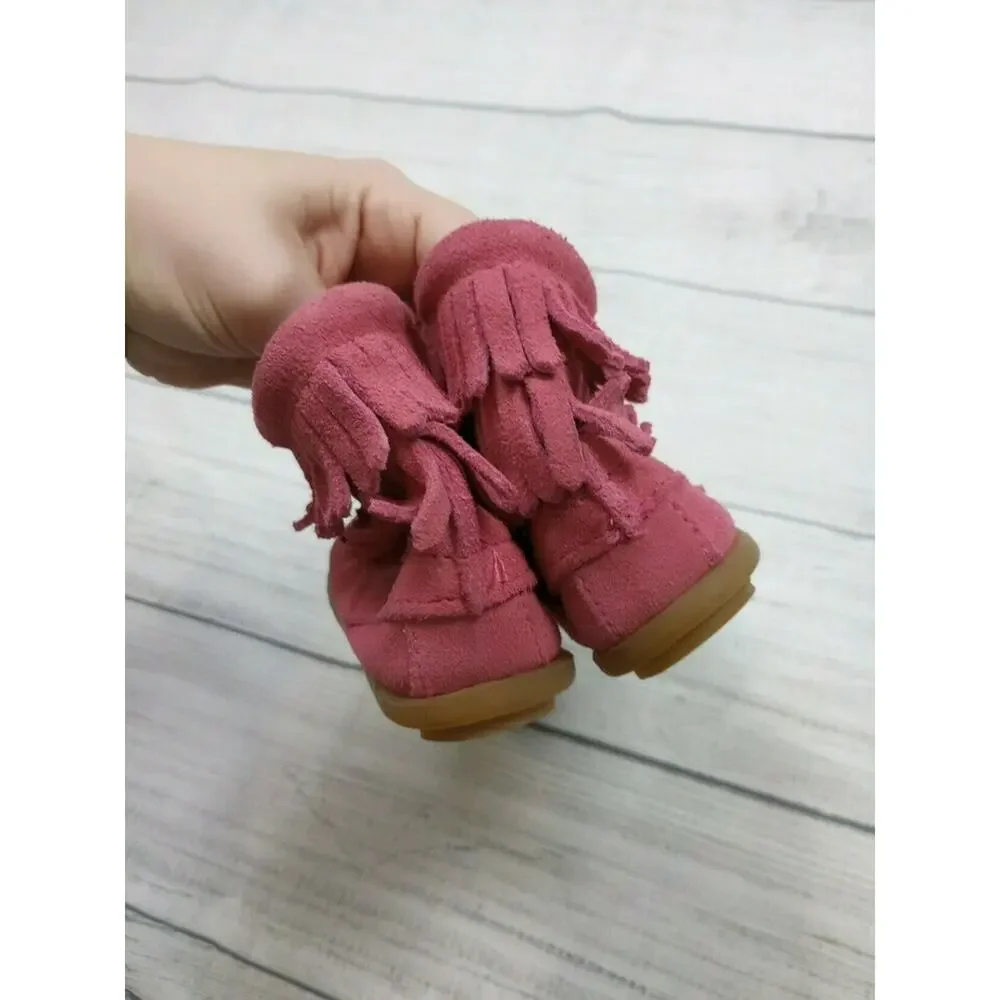 8T Minnetonka Pink Double Fringe Moccasins